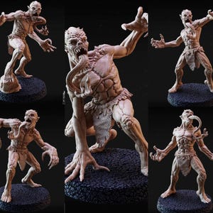 May include: A selection of beige monster figurines with exaggerated features, including sharp teeth, extended tongues, and claw-like hands. Each figure stands on a textured, dark grey base, showcasing a dynamic, menacing pose.