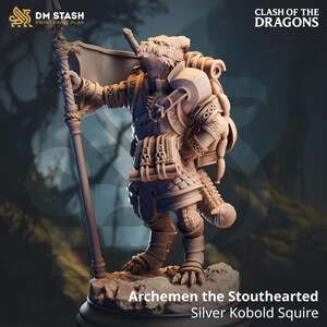 May include: A detailed figurine of Archemen the Stouthearted, a Silver Kobold Squire, holding a staff with a banner. The figure is in a dynamic pose, wearing armour and carrying a backpack. The image includes the text "DM STASH PRINT.PAINT.PLAY" and "CLASH OF THE DRAGONS".