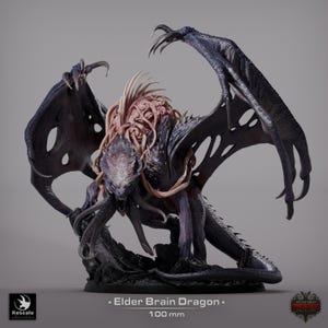 May include: A detailed Elder Brain Dragon figurine, predominantly dark purple and black, with a textured, brain-like head and large, bat-like wings. The figure is approximately 4 inches tall and rests on a dark base. The text "- Elder Brain Dragon - 100 mm" is visible.