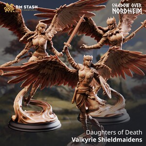May include: Three brown Valkyrie Shieldmaidens figurines with large feathered wings, holding swords and shields. The figurines are from the "Shadow Over Nordheim" collection, with the text "Daughters of Death" and "Valkyrie Shieldmaidens" at the bottom.