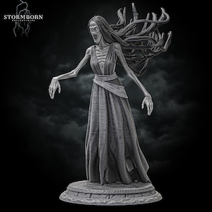 May include: A gray statue of a gaunt female figure with long, flowing hair and a screaming expression. She wears a long, flowing dress and stands on a circular base. The Stormborn Collectibles logo is in the upper left corner.