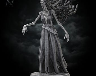 May include: A gray statue of a gaunt female figure with long, flowing hair and a screaming expression. She wears a long, flowing dress and stands on a circular base. The Stormborn Collectibles logo is in the upper left corner.