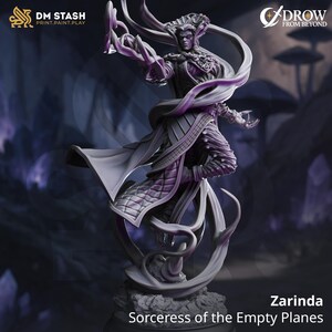 Könnte beinhalten: Detaillierte graue Figur von Zarinda, Zauberin der Leeren Ebenen, mit fließenden Gewändern und komplizierten Details. Die Figur ist dynamisch posiert, mit Text von DM Stash und Drow From Beyond.