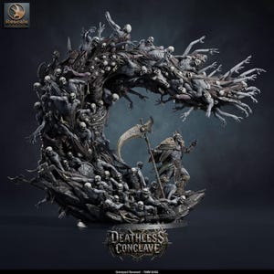May include: A detailed resin miniature titled Deathless Conclave Graveyard Revenant featuring a central skeletal figure holding a large scythe, surrounded by a swirling mass of numerous reaching undead figures and skulls on a 75mm base.