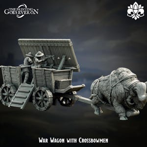 May include: A detailed model of a war wagon with crossbowmen, pulled by a large, furry beast. The wagon is made of wood and features two figures with crossbows. The text "War Wagon with Crossbowmen" is at the bottom.