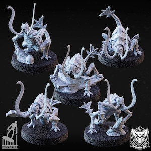 May include: Five unpainted light grey resin miniature figures of insectoid creatures with multiple legs, long antennae, and armoured carapaces. Each creature is mounted on a circular black textured base. The figures feature detailed textures.