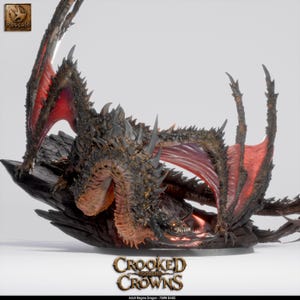 May include: A detailed figurine of an adult magma dragon with dark, textured scales and vibrant red wing membranes, perched on a jagged rock base. The text "CROOKED GOBLIN CROWNS" and "Adult Magma Dragon - 75MM BASE" is visible at the bottom.
