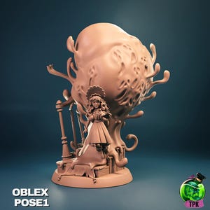May include: A tan-colored resin figurine featuring a young girl in a dress and bonnet, standing before a large, abstract, organic form. The base includes architectural elements. The text "OBLEX POSE1" is visible.