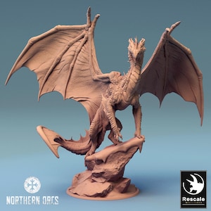 May include: A detailed, brown dragon figurine with outstretched wings, perched atop a rocky base. The dragon has intricate scales and a spiky ridge along its back. The wings are large and textured, and the dragon is posed as if ready to take flight. The base has the text "Northern Orcs".