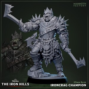 May include: A grey miniature figure of an Ironcrag Champion, a fantasy character from The Iron Hills. The figure is heavily armoured, wielding two axes, and stands on a 25mm base. The figure has a menacing expression.