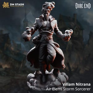 May include: A grey miniature figurine of Villam Nitrana, an Air Elemi Storm Sorcerer, featuring a character with flowing hair, a high-collared coat, and swirling energy effects around the hands, standing atop a base of sculpted clouds.