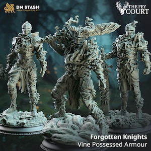 May include: Three detailed resin figurines of armored knights, with vine-like textures and helmets. The figures are in various poses, with one holding a sword. The text "Forgotten Knights Vine Possessed Armour" is at the bottom.