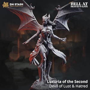 May include: A detailed figurine of Luxuria, the Devil of Lust & Hatred, with large bat-like wings and a crown. The figure is in a dynamic pose, with arms outstretched. The text "HELL AT HEAVEN'S GATE" and "Luxuria of the Second" are visible.