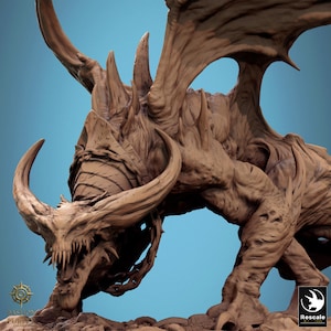 May include: A detailed brown dragon sculpture with large horns, sharp teeth, and textured wings. The dragon is posed in a dynamic stance, showcasing its muscular build and intricate design. The sculpture is a fantasy-themed collectible.