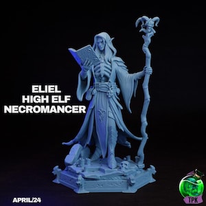 May include: A light blue figurine of a High Elf Necromancer, Eliel, holding a book and staff. The figurine has a skeletal torso and is standing on a base with skulls. The text "Eliel High Elf Necromancer" is displayed on the left side of the image.