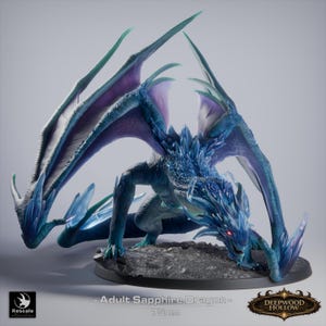 May include: A detailed figurine of an Adult Sapphire Dragon, with a wingspan outstretched. The dragon is primarily blue with purple accents, and red eyes. The base is 7.5cm in diameter. The text reads "Adult Sapphire Dragon" and "Deepwood Hollow".