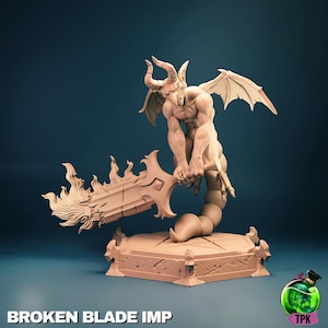 May include: A beige miniature figurine of a winged, horned creature with a scorpion-like tail, standing on a hexagonal base and holding a large, jagged, flame-shaped sword. The text BROKEN BLADE IMP is printed at the bottom of the image.