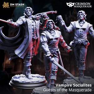 May include: Three detailed figurines of vampire characters, posed with a violin, goblet, and sword. The figures are dressed in ornate, period-style clothing. The text "Vampire Socialites Guests of the Masquerade" is visible at the bottom of the image.