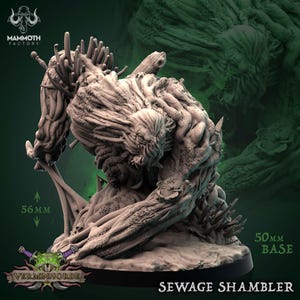 May include: A beige miniature figure of a Sewage Shambler, a monster from the Vermin Horde collection. The figure is 5.6 cm tall and has a 5 cm base. The figure has a textured, organic appearance, with multiple limbs and a menacing face. The text "Sewage Shambler" is visible.