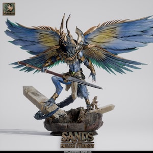 May include: A detailed figurine of a winged humanoid creature, predominantly blue with gold accents. It holds a spear and stands on a stone base with the text "Sands of the Fallen Dynasty". The wings are blue, green, and yellow.