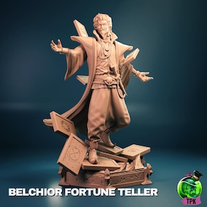 May include: A tan-coloured figurine of Belchior the Fortune Teller, standing on a base of scattered tiles. He wears a long coat, draped sleeves, and a beaded necklace. The figurine has outstretched arms and the text "BELCHIOR FORTUNE TELLER" is at the bottom.
