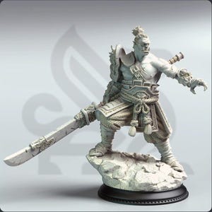 May include: An unpainted resin figurine of a warrior in a dynamic pose. The figure is muscular, with detailed armour and a large sword. It stands on a rocky base, with a black circular base. The design suggests a fantasy or gaming theme, with intricate details.