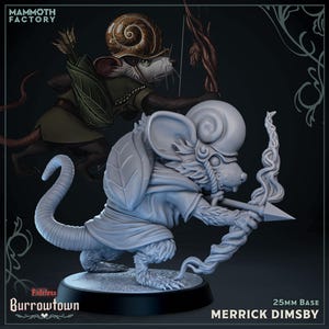 May include: A detailed 3D-printed miniature of a mouse archer, part of the "Burrowtown" collection. The mouse is depicted in a dynamic pose, drawing a bow. The miniature has a 25mm base and is named "Merrick Dimsby."