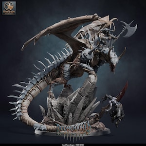 May include: A brown and grey dragon figurine with a rider holding a large axe, mounted on a rocky base with a smaller figure leaping nearby. The base features the text DOOMCHAINED and the bottom label reads Adult Fang Dragon - 75MM BASE.