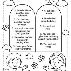 May include: Black and white illustration of the Ten Commandments, with text in two arched panels. Includes images of a butterfly, clouds, flowers, a sun, and children.