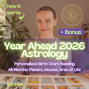 Könnte beinhalten: Ein Bild, das Astrologie-Dienstleistungen bewirbt. Der Text lautet "Year Ahead 2026 Astrology" mit Details zu personalisierten Geburtshoroskop-Lesungen. Eine Frau ist im Vordergrund, mit einem Tierkreisrad und Karten sichtbar. Das Bild enthält den Text "how it works" und "+ Bonus".