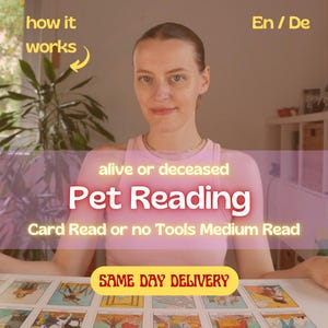 May include: A woman in a pink top is the focus of this image, with text overlayed that reads "Pet Reading." The text also includes "alive or deceased" and "Card Read or no Tools Medium Read." A banner at the bottom says "SAME DAY DELIVERY."