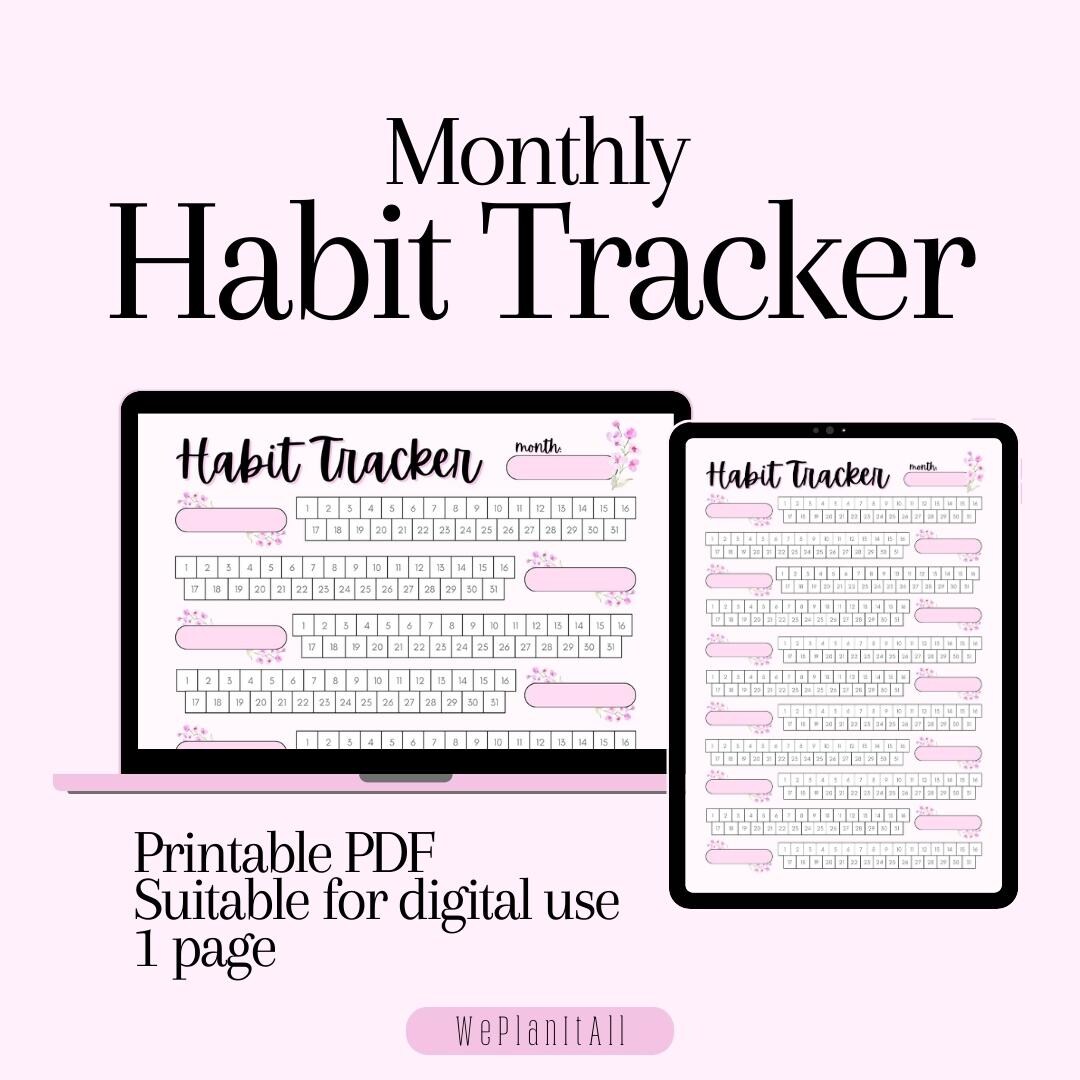 Pink Floral Digital Habit Tracker | 28–31 Day Planner Printable | Self ...