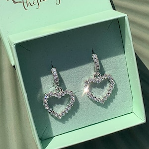sparkly heart hoop earrings – crystal open heart dangle hoops, dainty romantic jewelry, silver rhinestone drop earrings, gift for her