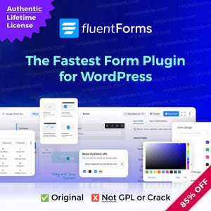 Könnte beinhalten: Werbebild für "fluentForms", ein WordPress-Formular-Plugin. Das Bild zeigt das Logo des Plugins, ein blau-weißes Design, und den Text "The Fastest Form Plugin for WordPress". Es hebt auch Funktionen und einen Rabatt von 85 % hervor.