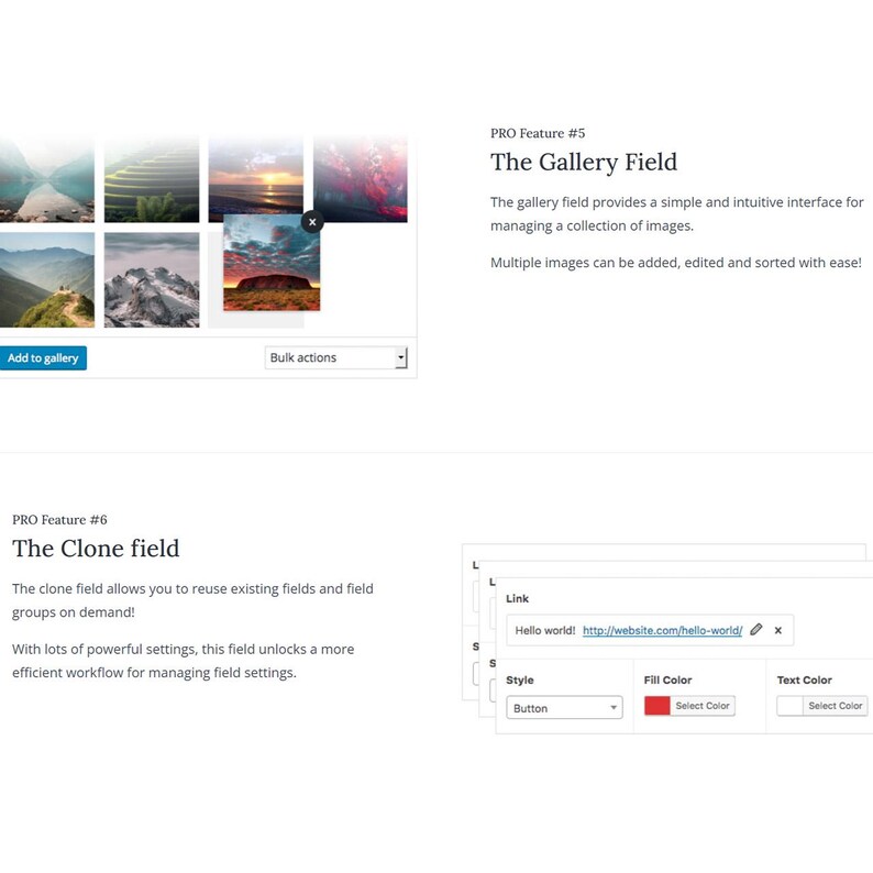 May include: A webpage screenshot showcasing features like "The Gallery Field" and "The Clone Field." The gallery field allows for image management, while the clone field enables reusing existing fields. Interface elements include buttons and color selection options.