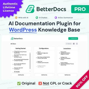 May include: A white and green graphic promoting BetterDocs, an AI documentation plugin for WordPress. The image includes the BetterDocs logo, text about AI features, and a sectioned layout with documentation topics. A purple badge reads "Authentic Lifetime License."