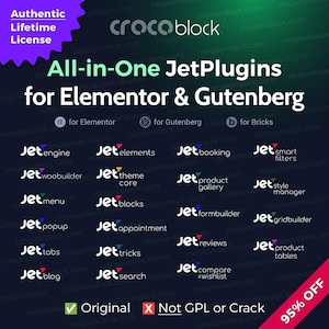 Op de afbeelding: Promotieafbeelding voor Crocoblock's All-in-One JetPlugins, compatibel met Elementor en Gutenberg. De afbeelding toont een donkere achtergrond met witte tekst, met verschillende plugins zoals JetEngine en JetElements. Een banner met 95% korting is zichtbaar.