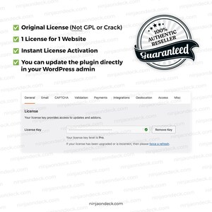 Może przedstawiać: Zrzut ekranu strony aktywacji licencji wtyczki WordPress. Strona zawiera pole klucza licencyjnego, przycisk "Usuń klucz" i zielony znacznik wyboru. Obraz zawiera r&oacute;wnież odznakę "100% Autentyczny sprzedawca gwarantowany".