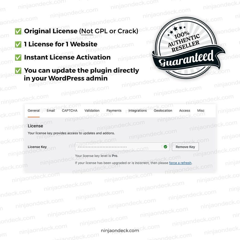 Może przedstawiać: Zrzut ekranu strony aktywacji licencji wtyczki WordPress. Strona zawiera pole klucza licencyjnego, przycisk "Usuń klucz" i zielony znacznik wyboru. Obraz zawiera r&oacute;wnież odznakę "100% Autentyczny sprzedawca gwarantowany".
