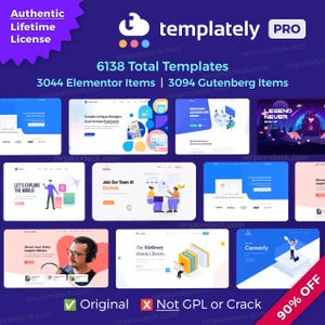Peut inclure: Image promotionnelle pour Templately PRO, avec un fond bleu foncé et des aperçus de modèles de sites web. Le texte comprend "Authentic Lifetime License", "6138 Total Templates" et "90% OFF". L'image met également en évidence les éléments Elementor et Gutenberg.