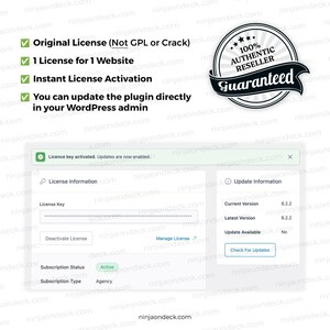 May include: Screenshot of a WordPress plugin license activation process. The image shows a license key, update information, and a guarantee seal. Text includes "Original License," "Instant License Activation," and "100% Authentic Reseller Guaranteed."