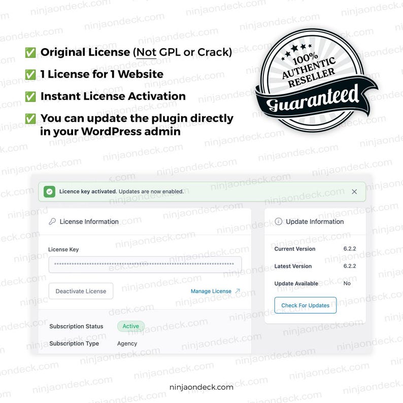 May include: Screenshot of a WordPress plugin license activation process. The image shows a license key, update information, and a guarantee seal. Text includes "Original License," "Instant License Activation," and "100% Authentic Reseller Guaranteed."