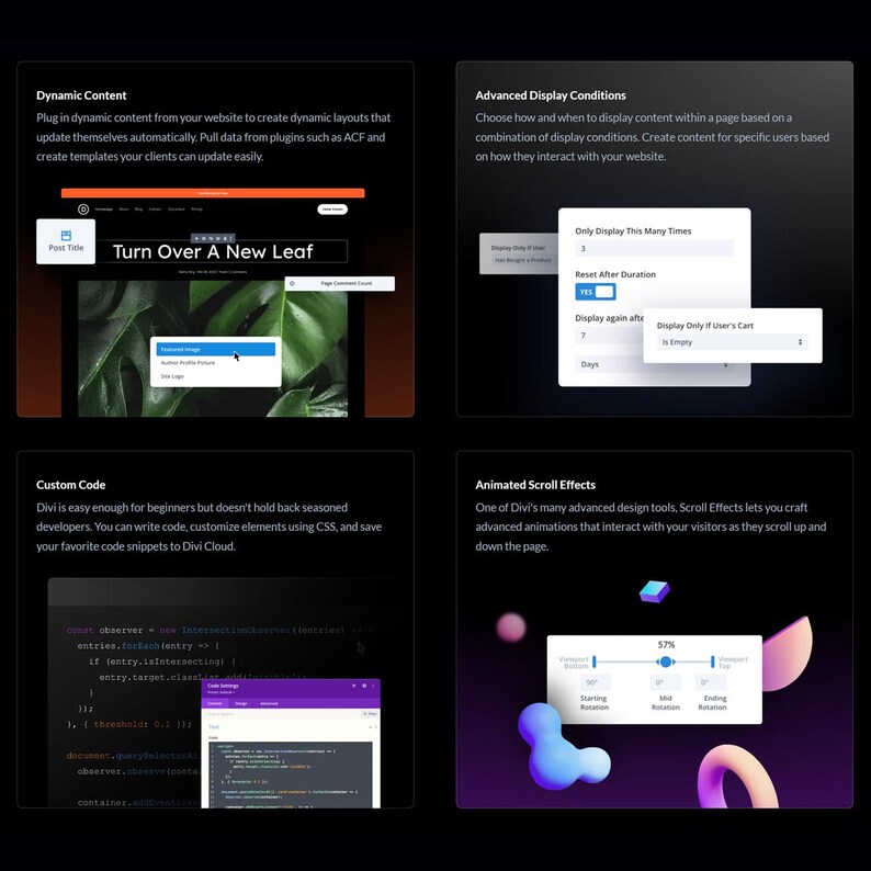 May include: A digital interface showcasing website design features. The image displays sections on dynamic content, advanced display conditions, custom code, and animated scroll effects. Text includes "Turn Over A New Leaf" and code snippets.