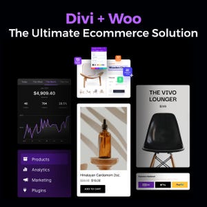 May include: A promotional image for Divi + Woo, an e-commerce solution. It features mockups of a website, product displays, and analytics dashboards. The image includes a bottle of Himalayan Cardamom 2oz. and a black chair.