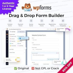 Puede incluir: Imagen promocional de wpforms, un creador de formularios de arrastrar y soltar. La imagen presenta un formulario de contacto del sitio web, varias opciones de formulario y una mascota de oso. El texto incluye "Licencia auténtica de 1 o 2 años" y "65% DE DESCUENTO".