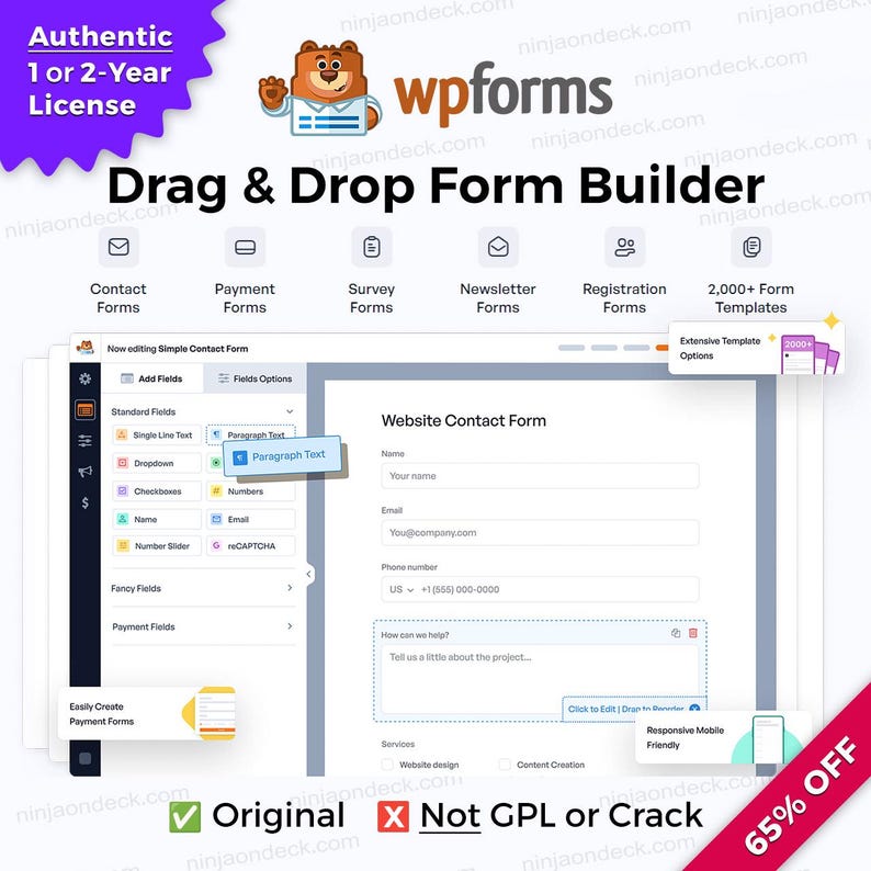 Może przedstawiać: Obraz promocyjny dla wpforms, kreatora formularzy typu &bdquo;przeciągnij i upuść&rdquo;. Obraz zawiera formularz kontaktowy strony internetowej, r&oacute;żne opcje formularzy i maskotkę niedźwiedzia. Tekst zawiera &bdquo;Autentyczna licencja 1 lub 2-letnia&rdquo; i &bdquo;65% ZNIŻKI&rdquo;.