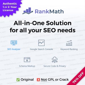 Op de afbeelding: Een advertentie voor RankMath, een SEO-tool, met de tekst "All-in-One Oplossing voor al uw SEO-behoeften". De afbeelding bevat pictogrammen voor SEO Analyzer, Google Search Console, Keyword Ranking, Schema Markup en Secure Code & Privacy.