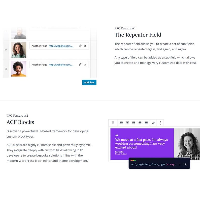 May include: A webpage screenshot with the text "The Repeater Field" and "ACF Blocks". The page includes images of people, text fields, and a code snippet. A quote reads, "We move at a fast pace. I'm always working on something I am very excited about!"