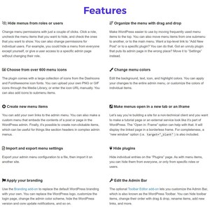 Puede incluir: Captura de pantalla de una p&aacute;gina web con el t&iacute;tulo "Caracter&iacute;sticas" en morado. La p&aacute;gina enumera las caracter&iacute;sticas de un plugin de WordPress, incluyendo la personalizaci&oacute;n del men&uacute;, opciones de iconos y ajustes de marca. Texto en negro sobre fondo blanco.