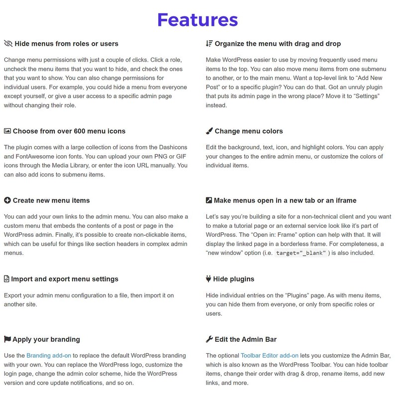 Puede incluir: Captura de pantalla de una p&aacute;gina web con el t&iacute;tulo "Caracter&iacute;sticas" en morado. La p&aacute;gina enumera las caracter&iacute;sticas de un plugin de WordPress, incluyendo la personalizaci&oacute;n del men&uacute;, opciones de iconos y ajustes de marca. Texto en negro sobre fondo blanco.